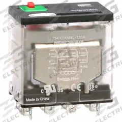 SCHNEIDER General Purpose Relay: Socket Mounted, 15 A Current Rating, 120V AC, 4PDT, F Socket (MPN 784XDXM4L-120A). Key specifications — Brand: SCHNEIDER; Base Type: Square; Mounting Style: Socket; Electrical Connection: Faston Terminal; Manufacturer Part Number: 784XDXM4L-120A; Operating Current: 7.55 A at 250V (NC); Series: 784 Series.