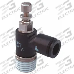 LEGRIS Miniature Flow Control: Elbow Fitting, Screw, 8 mm Valve Body Size, 8 mm Tube, Meter Out (MPN 7665 08 17). Key specifications — attr947203: Technical Polymer; attr947205: LEGRIS.