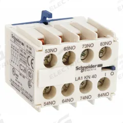 SCHNEIDER Auxiliary Contact Block: 4NO, 10 A Max Current (AC), Front Mount, Front-Mounted (MPN LA1KN40). Key specifications — Frame Size: X; Brand: SCHNEIDER; Compatible with Series: TeSys K.
