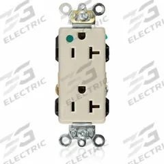 LEVITON Receptacle: Hospital Grade, Decorator Duplex, 5-20R, Ivory, 125V AC, 20 A, 2 Pole / 3 Wire (MPN 16362-HGI)