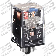 OMRON General Purpose Relay: Socket Mounted, 10 A Current Rating, 24V DC, 3PDT, 11 Pins/Terminals (MPN MKS3PIN5DC24). Key specifications — Brand: OMRON; Base Type: Octal; Mounting Style: Plug-In; Pin Shape: Round; Electrical Connection: Plug-In; Manufacturer Part Number: MKS3PIN5DC24; Operating Current: 5 A at 250V AC (Resistive Load); Series: MK-S Series.