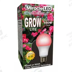 LED Grow Bulb: LED, A21, 120V, Full/Broad/Red, 150 W Incandescent Watt Equivalency (MPN 602120). Key specifications — Plant Growth Application: Fruiting; Brand: MIRACLE LED; Bulb Shape: A21; Spectrum: Full/Broad.