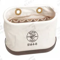 KLEIN TOOLS Bucket Bag: 14 in W x 10 in H, Off-White, Canvas, 15 Pockets, Open Top (MPN 5144B). Key specifications — attr1118525: KLEIN TOOLS; attr1125037: Off-White; attr1125041: Canvas; attr1203718: Yes.