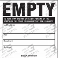 BRADY DOT Handling Label: 6 in x 6 in, 6 in Label Ht, 6 in Label Wd, Vinyl, 100 Labels, 100 PK (MPN 121439). Key specifications — Brand: BRADY; Message: No More Than One Inch of Residue Remains on the Bottom of This Drum. Drum is Empty by EPA Standards.