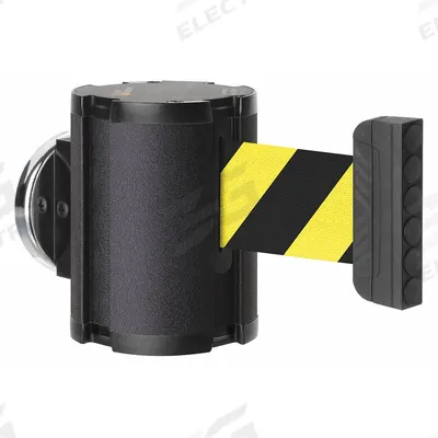 LAVI Retractable Belt Barrier: Magnet, 15 ft Belt Lg, Pattern, Black/Yellow - Magnetic-Mount Retractable Belt Barriers