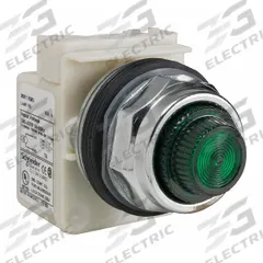 SCHNEIDER ELECTRIC Pilot Light: 30 mm Panel Mounting Size, Green, Incandescent, 9001K Series (MPN 9001KP5G31). Key specifications — Series: 9001K; Brand: SCHNEIDER; Includes Push-To-Test: No Push-To-Test Included.
