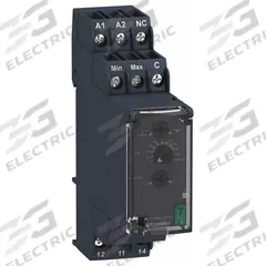 SCHNEIDER Level Control Relay: DIN-Rail Mounted, Dual Probe, 8 A Current Rating, 380 to 415V AC (MPN RM22LG11MT). Key specifications — Electrical Connection: Screw Terminals; Mounting Style: DIN Rail; Number of Probes: Dual Probe; Relay Function: Pump Up; Status Indicator: LED Indicator; Brand: SCHNEIDER.