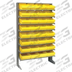 QUANTUM STORAGE SYSTEMS Pick Rack: 36 in x 12 in x 60 in, 1 Usable Sides, 8 Shelves, 32 Bins, Yellow (MPN QPRS-701YL). Key specifications — Bin HxWxD: (32) 4-5/8 in x 8-3/8 in x 11-5/8 in; Frame Material: Steel; Frame Color: Silver; Bin Color: Yellow; Brand: QUANTUM STORAGE SYSTEMS.