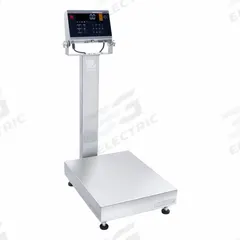 OHAUS Industrial Bench Scale: 15 3/4 in x 19 3/4 in, IP68/IP69K, Column-Mounted, Stainless Steel (MPN D61XWE150K1L7). Key specifications — Connection Ports: Bluetooth; Readability: 0.02 lb/10 g; Brand: OHAUS; Weighing Surface Material: Stainless Steel.