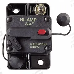 Automotive Circuit Breaker: CB185, 48V DC, 3 kA at 48V DC, Stud (MPN CB185-80). Key specifications — Series: CB185; Voltage: 48V DC; Interrupt Rating: 3 kA at 48V DC; Terminal Connection: Stud; Circuit Breaker Type: Hi-Amp Circuit Breaker; Brand: BUSSMANN.