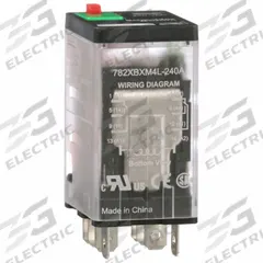 SCHNEIDER General Purpose Relay: Socket Mounted, 15 A Current Rating, 240V AC, DPDT, D Socket (MPN 782XBXM4L-240A). Key specifications — Brand: SCHNEIDER; Base Type: Square; Mounting Style: Socket; Electrical Connection: Faston Terminal; Manufacturer Part Number: 782XBXM4L-240A; Operating Current: 10 A at 151/277V; Series: 782 Series.