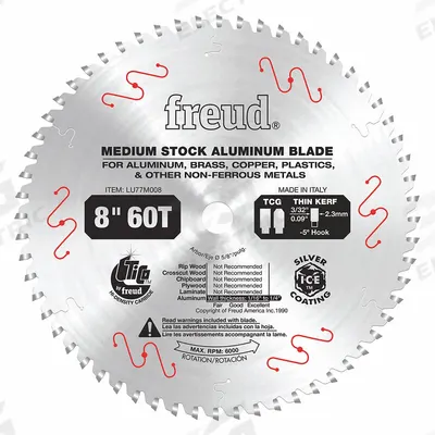 FREUD Circular Saw Blade: 8 in Blade Dia., 60 Teeth, 0.08 in Cut Wd, 5/8 in Arbor Size - Aluminum & Soft Metal-Cutting Blades