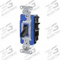 HUBBELL Wall Switch: Toggle Switch, Single Pole, Maintained, Black, 120/277V AC, 15 A (MPN HBL1201STBK). Key specifications — Illuminated: No; Voltage Rating: 120/277V AC.