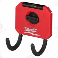 MILWAUKEE PACKOUT Curved Hook: 3 7/8 in D x 3 5/16 in H x 4 7/16 in L, Metal/Polymer, Black/Red (MPN 48-22-8335). Key specifications — attr1120130: MILWAUKEE; attr1120217: Metal; attr1120218: Red.
