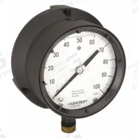 ASHCROFT Process Pressure Gauge: 0 psi to 100 psi, White, 4 1/2 in Dial, 1/2 in NPT Male, Bottom, 4X (MPN 451379ASL04L100#). Key specifications — Brand: ASHCROFT; Pointer Color: Black; Accuracy: ±0.5%; Dial Color: White; Gauge Wetted Parts: Brass / Bronze; Case Material: Epoxy-Coated Aluminum; Vibration Resistance Properties: Liquid-Filled; Pressure Range: 0 psi to 100 psi.
