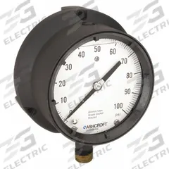 ASHCROFT Process Pressure Gauge: 0 psi to 100 psi, White, 4 1/2 in Dial, 1/2 in NPT Male, Bottom, 4X (MPN 451379ASL04L100#). Key specifications — Brand: ASHCROFT; Pointer Color: Black; Accuracy: ±0.5%; Dial Color: White; Gauge Wetted Parts: Brass / Bronze; Case Material: Epoxy-Coated Aluminum; Vibration Resistance Properties: Liquid-Filled; Pressure Range: 0 psi to 100 psi.