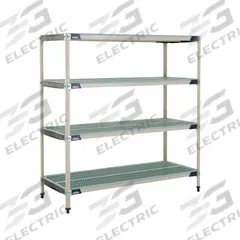METRO Plastic Industrial Shelving: 24 in x 60 in, 62 in Overall Ht, 4 Shelves, Antimicrobial (MPN X566GX3). Key specifications — Resistance Properties: Antimicrobial; Frame Material: 304 Stainless Steel; Shelving Material: Polymer; Brand: METRO.