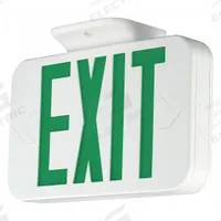 Exit Sign: LED, White, Green, 2 Faces, Ceiling/Wall, Not Battery Powered, Without Battery Backup (MPN CAG). Key specifications — Voltage: 120/277 V AC; Directional Indicators: Universal Field Selectable Chevrons; Text Color: Green; Brand: COMPASS; Emergency Battery Backup: No; Housing Color: White; Lighting Technology: LED; Remote Capable: No.