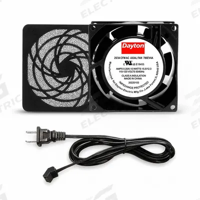 Dayton Axial Fan: 25 cfm_34 cfm Airflow @ 0.000 in SP, 3 5/8 in Ht, 1 in Dp, Terminals - Standard Square Axial Fan Kits