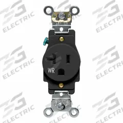 LEVITON Single Receptacle Outlet: Single, 5-20, Black, 125V AC, 20 A, 2 Pole / 3 Wire (MPN W5361-E)