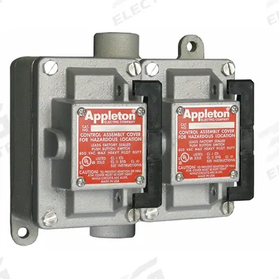 APPLETON ELECTRIC Tumbler Switch: 2 Gang, 2-Pole, 20 A, 277 V AC, Feed-Thru Hub - Two-Gang Rocker-Arm Tumbler Switches