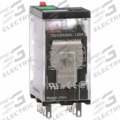 SCHNEIDER General Purpose Relay: Socket Mounted, 12 A Current Rating, 120V AC, DPDT, K Socket (MPN 792XBXM4L-120A). Key specifications — Brand: SCHNEIDER; Base Type: Square; Mounting Style: Plug-In; Electrical Connection: Faston Connector; Manufacturer Part Number: 792XBXM4L-120A; Operating Current: 12 A AC-1 (NO Conforming to IEC); Series: 792 Series.