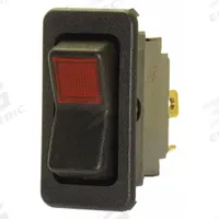 EATON Lighted Rocker Switch: 2 Positions, SPST, Off/On, Red (MPN 8005K25N113V22). Key specifications — AC Contact Rating: 15 A @ 125 V; DC Contact Rating: 15 A @ 28 V; Horsepower: 3/4 hp @ 250 V; Operator Illumination: Illuminated; Switch Color: Black; Terminal Connection Type: Screw Terminals; Includes Lamp Module: Lamp Module Included; Includes Lens: Lens Included.