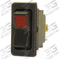 EATON Lighted Rocker Switch: 2 Positions, SPST, Off/On, Red (MPN 8005K25N113V22). Key specifications — AC Contact Rating: 15 A @ 125 V; DC Contact Rating: 15 A @ 28 V; Horsepower: 3/4 hp @ 250 V; Operator Illumination: Illuminated; Switch Color: Black; Terminal Connection Type: Screw Terminals; Includes Lamp Module: Lamp Module Included; Includes Lens: Lens Included.