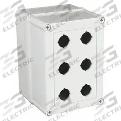 HOFFMAN Push Button Enclosure: 22mm, 6 Holes, Non-Metallic, NEMA 4X (MPN VM755-PBM6). Key specifications — Brand: HOFFMAN; Environments & Applications: Washdown-Corrosion-Resistant.