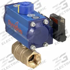 DYNAQUIP CONTROLS Pneumatically Actuated Two-Way Ball Valve: 1 in Size, Brass, FNPT x FNPT (MPN PHH25ATSR05212A). Key specifications — Brand: DYNAQUIP CONTROLS; Pilot Solenoid Voltage: 115V AC.