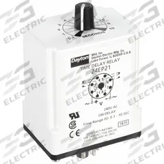 DAYTON Single Function Time Delay Relay: Socket Mounted, 240V AC, 10 A, 8 Pins/Terminals, On Delay (MPN 24EP21). Key specifications — Brand: DAYTON.