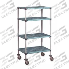 METRO Utility Cart: 62 in x 20 in, 67 in Overall Ht, 4 Shelves, Antimicrobial/Corrosion-Resistant (MPN Q366EG3). Key specifications — attr36820: Antimicrobial; Corrosion-Resistant; attr36821: Standalone; attr33729: METRO; attr36813: Yes; attr36815: 4; attr36810: (2) Swivel Casters with Brakes; attr36812: Polymer.