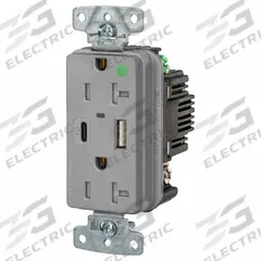 USB Receptacle: Duplex, 5-20R, 2 USB Ports, USB Type A/C, Gray, 125V AC, 20 A (MPN USB8300ACPDGY). Key specifications — Brand: HUBBELL.