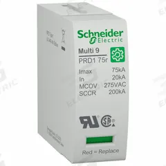 SCHNEIDER ELECTRIC Surge Arrester Cartridge: 240 V, 20 kA Nominal Discharge Current (MPN M9LC275). Key specifications — Max. Continuing Operating Voltage: 240 V; For Use With: PRD175r Surge Protection Device; Brand: SCHNEIDER.