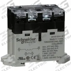 SCHNEIDER Enclosed Power Relay: DIN-Rail & Surface Mounted, 30 A Current Rating, 24V DC, SPST-NO (MPN 725AXXSC3ML-24D). Key specifications — attr211321: SCHNEIDER; attr864602: DIN Rail & Top Flange; attr864634: Screw Terminal; attr864642: 725AXXSC3ML-24D; attr869492: 30 A at 240V AC (General Purpose); attr934629: Harmony™ 725 Power Series.