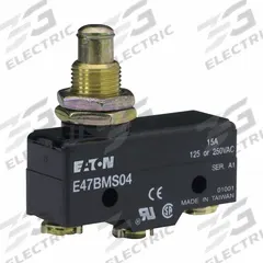 EATON Snap Action Switch: Plunger Actuator, SPDT, Screw Terminals (MPN E47BMS04). Key specifications — AC Contact Rating: 15 A @ 250 V; Electrical Connection: Screw Terminals; Series: E47; Brand: EATON.