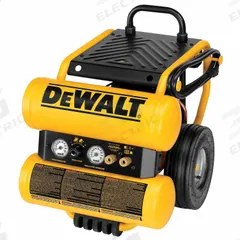 DEWALT Portable Air Compressor: Oil Lubricated, 4 gal, Twin Stack, 1.1 hp, 4 cfm @ 90 psi, 120V AC (MPN D55154). Key specifications — attr48686: Oil Lubricated; attr48685: 120V AC; attr48678: 15 A; attr48688: (1) Control Panel with (2) Universal Quick Couplers; attr48671: DEWALT; attr124308: Standard (75 dBA or more).
