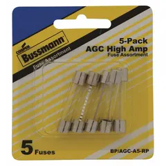 BUSSMANN Fuse Kit: Includes Series AGC, Automotive Fuses, 10 A – 30 A Range (MPN BP/AGC-A5-RP). Key specifications — Fuse Series Included: AGC; Tool Included: None; Brand: BUSSMANN.