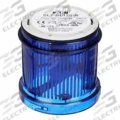 EATON Tower Light Module: Flashing, 110/120V AC, Blue, 73 mm Overall Dia, 3 in Overall Ht, SL4 (MPN SL7-BL120-B). Key specifications — Brand: EATON; Compatible with Series: SL4; Lens Color: Blue; Operating Voltage: 110/120V AC; Manufacturer Part Number: SL7-BL120-B.