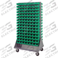 QUANTUM STORAGE SYSTEMS Mobile Louvered Floor Rack: 36 in x 24 in x 72 in, 240 Bins Included, Green (MPN QMD-36H-220GN). Key specifications — Bin Width: 4-1/8 in; Color: Gray; Caster Wheel/Configuration: (2) Rigid; Caster Wheel/Tread Material: Hard Rubber; Bin Color: Green; Bin Depth: 7-3/8 in; Bin Height: 3 in; Brand: QUANTUM STORAGE SYSTEMS.