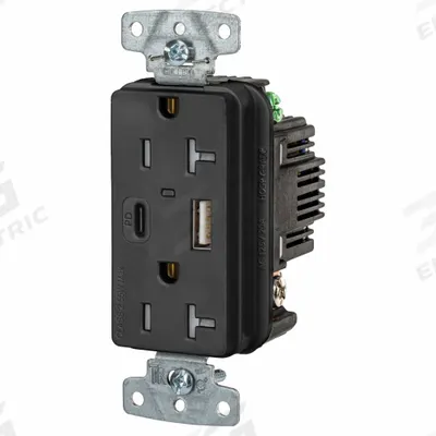 HUBBELL Receptacle: Duplex, 5-20R, 2 USB Ports, USB Type A/C, Black, 125V AC - Weather-Resistant Receptacles with USB Chargers