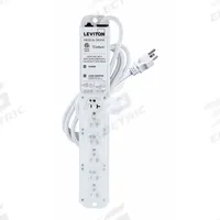 LEVITON Outlet Strip: 6 Outlets, 7 ft Cord Lg, 644 J Rated Energy, 20 A Current, White, 5-20P, 5-20R (MPN 53C6M-2N7). Key specifications — Brand: LEVITON; Mounting Style: Screw.