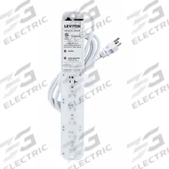 LEVITON Outlet Strip: 6 Outlets, 7 ft Cord Lg, 644 J Rated Energy, 20 A Current, White, 5-20P, 5-20R (MPN 53C6M-2N7). Key specifications — Brand: LEVITON; Mounting Style: Screw.
