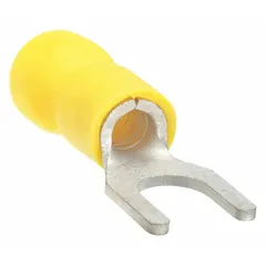 GRAINGER Fork Terminals: Yellow, Vinyl, #10 Stud Size, 12 AWG – 10 AWG Wire Range, Std Fork, 600 V (MPN 5WHF9). Key specifications — Barrel Style: Funnel Entry; Manufacturer Part Number: 5WHF9; Brand: GRAINGER.