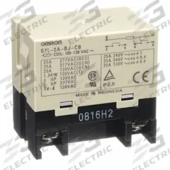 OMRON Enclosed Power Relay: Bracket Mounted, 30 A Current Rating, 100/120V AC, DPST-NO (MPN G7L-2A-BJ-CB-AC100/120). Key specifications — Brand: OMRON; Base Type: Square; Mounting Style: E-Bracket; Electrical Connection: Screw Terminal; Manufacturer Part Number: G7L-2A-BJ-CB-AC100/120; Operating Current: 25 A; Series: G7L Series; Relay Bracket Type: E-Bracket (Sold Separately).