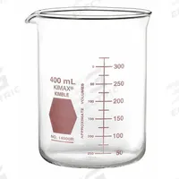 KIMBLE Colorware Beaker: 250 mL, 8.45 fl oz, A, Low Form, Type I, Red, Borosilicate Glass (MPN 14000R-250). Key specifications — attr1371034: Type I; attr1371051: KIMBLE; attr1371062: Red.