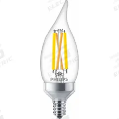 PHILIPS Compact LED Bulb: Candelabra Screw (E12), LED, (BA) Bullet Angled, BA11, 6.6 W Watt, Clear (MPN 6.6BA11/PER/UD/CL/G/E12+E26/WGD 3PF T20). Key specifications — Bulb Shape: BA11; Voltage: 120V AC; Bulb Finish: Clear; Color Temperature: 2200K; Brand: PHILIPS.