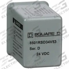 SCHNEIDER Hermetically Sealed Relay: Socket Mounted, 5 A Current Rating, 24V DC, 4PDT, G Socket (MPN 8501RSD34V53). Key specifications — Brand: SCHNEIDER; Base Type: Square; Mounting Style: Socket; Pin Shape: Flat; Electrical Connection: Quick-Connect; Manufacturer Part Number: 8501RSD34V53; Series: Square D 8501R Miniature Control Series.
