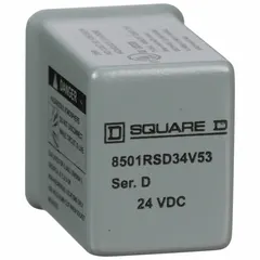 SCHNEIDER Hermetically Sealed Relay: Socket Mounted, 5 A Current Rating, 24V DC, 4PDT, G Socket (MPN 8501RSD34V53). Key specifications — Brand: SCHNEIDER; Base Type: Square; Mounting Style: Socket; Pin Shape: Flat; Electrical Connection: Quick-Connect; Manufacturer Part Number: 8501RSD34V53; Series: Square D 8501R Miniature Control Series.