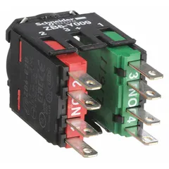SCHNEIDER Contact Block: 16 mm Panel Mounting Size, 1NO/1NC, Momentary, ZB6 Series, Faster Connector (MPN ZB6Z5B). Key specifications — Switch Action: Momentary; Terminal Connection Type: Faster Connector; Brand: SCHNEIDER; Compatible with Series: ZB6.